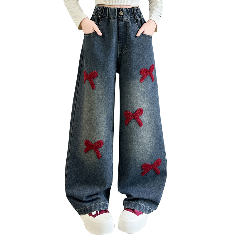 Tüdrukute kevad- ja sügisteksad 2025. aastaks Uued stiilsed tänavapüksid sirgete teksadega, vanematele lastele, laiad jalad