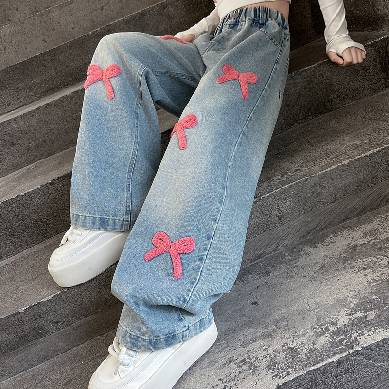 Tüdrukute kevad- ja sügisteksad 2025. aastaks Uued stiilsed tänavapüksid sirgete teksadega, vanematele lastele, laiad jalad