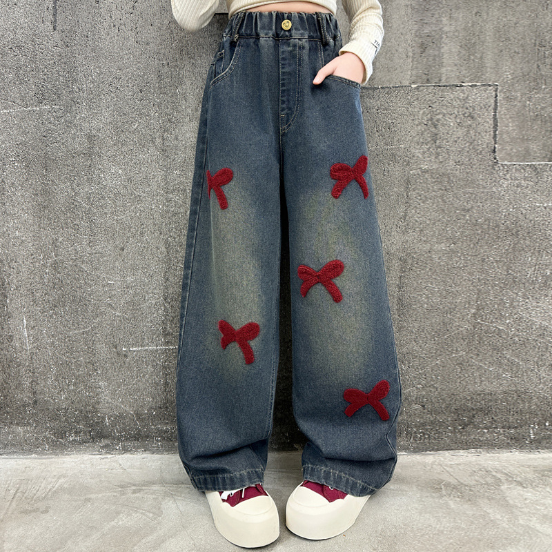 Tüdrukute kevad- ja sügisteksad 2025. aastaks Uued stiilsed tänavapüksid sirgete teksadega, vanematele lastele, laiad jalad