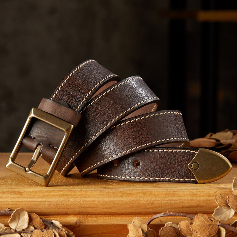 Käsitsi valmistatud vintage esimese kihi loomanahast pandlaga meeste vöö, ehtsast nahast isikupärastatud universaalne puhtast vasest pandlaga teksarihm, trendikas