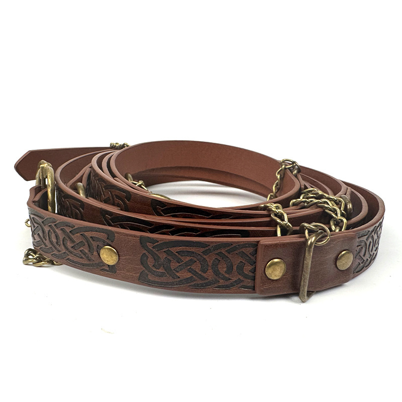Keskaegne trükitud ketiga õhuke vöö Skandinaavia viikingistiilis retro cosplay rekvisiidid helepruun must