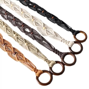 Dámsky bohémsky retro etnický zapletený opasok s tyrkysovými drevenými korálkami, voskovaným lanom a ručne tkaným uzlíkovým opaskom pre ženy