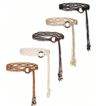 Dámsky bohémsky retro etnický zapletený opasok s tyrkysovými drevenými korálkami, voskovaným lanom a ručne tkaným uzlíkovým opaskom pre ženy