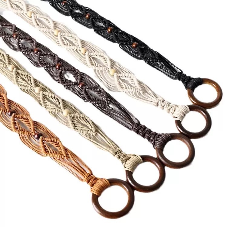 Dámsky bohémsky retro etnický zapletený opasok s tyrkysovými drevenými korálkami, voskovaným lanom a ručne tkaným uzlíkovým opaskom pre ženy