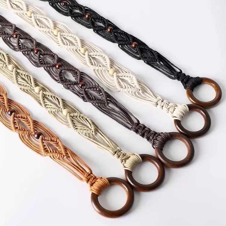 Dámsky bohémsky retro etnický zapletený opasok s tyrkysovými drevenými korálkami, voskovaným lanom a ručne tkaným uzlíkovým opaskom pre ženy