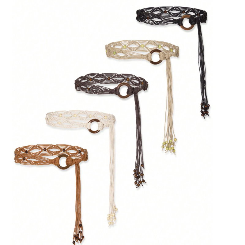 Dámsky bohémsky retro etnický zapletený opasok s tyrkysovými drevenými korálkami, voskovaným lanom a ručne tkaným uzlíkovým opaskom pre ženy