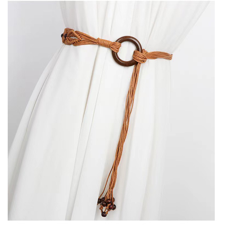 Dámsky bohémsky retro etnický zapletený opasok s tyrkysovými drevenými korálkami, voskovaným lanom a ručne tkaným uzlíkovým opaskom pre ženy