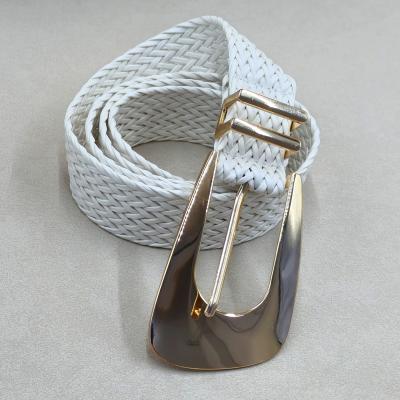Elegantne käsitsi kootud kuldne naiste vöö stiilse ebakorrapärase metallpandlaga