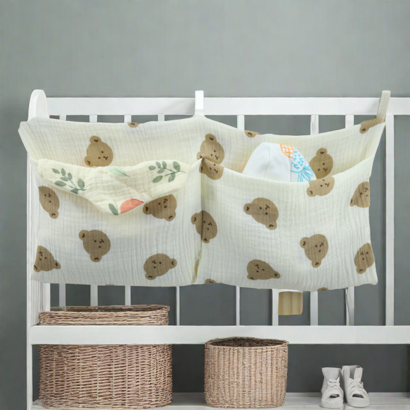 Úložná taška na detskú postieľku z čistej bavlny Cross-Border s dvojitými vreckami, závesná taška na kočík, viacúčelové úložné priestory na detské fľaše