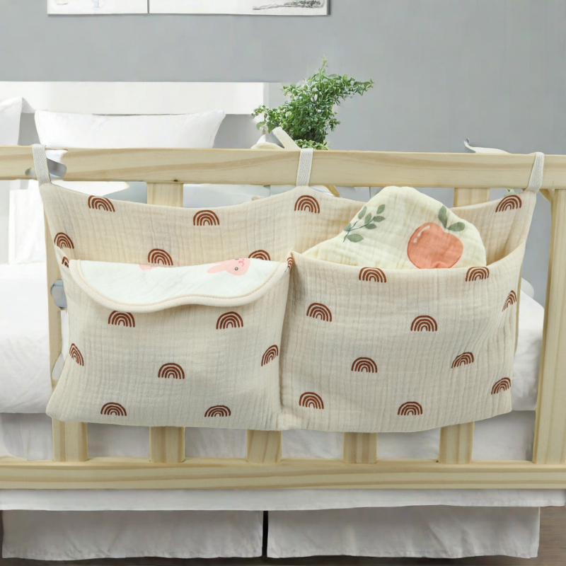 Úložná taška na detskú postieľku z čistej bavlny Cross-Border s dvojitými vreckami, závesná taška na kočík, viacúčelové úložné priestory na detské fľaše
