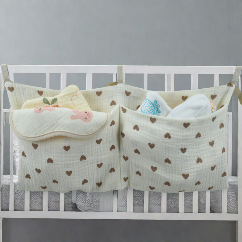 Úložná taška na detskú postieľku z čistej bavlny Cross-Border s dvojitými vreckami, závesná taška na kočík, viacúčelové úložné priestory na detské fľaše