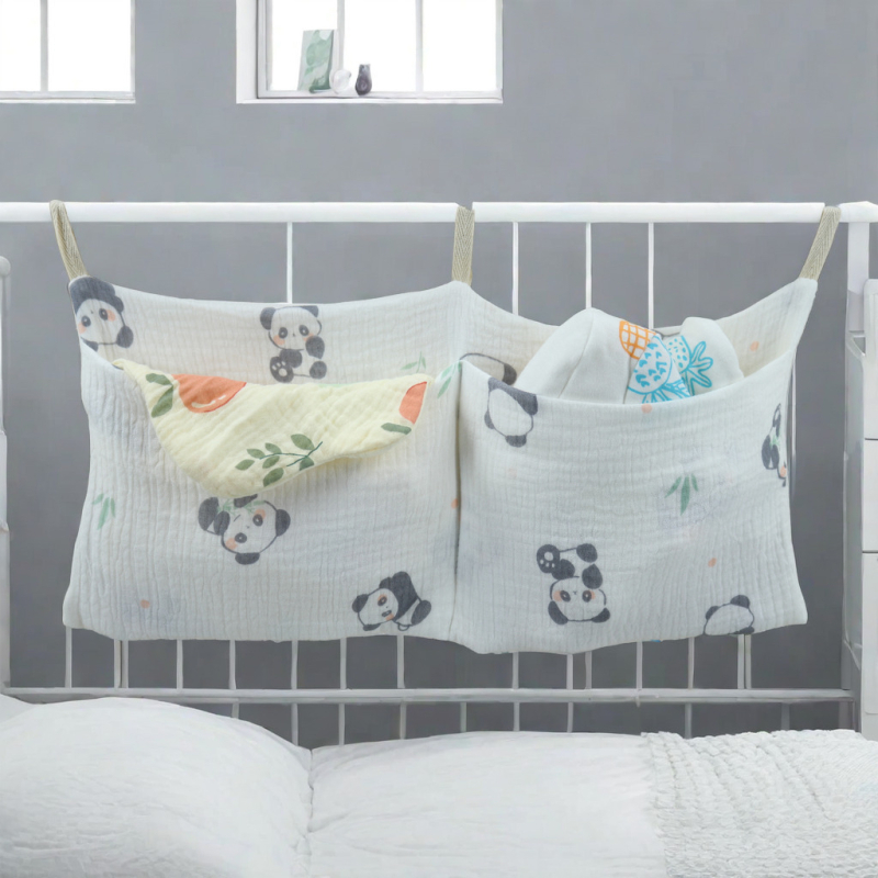 Úložná taška na detskú postieľku z čistej bavlny Cross-Border s dvojitými vreckami, závesná taška na kočík, viacúčelové úložné priestory na detské fľaše