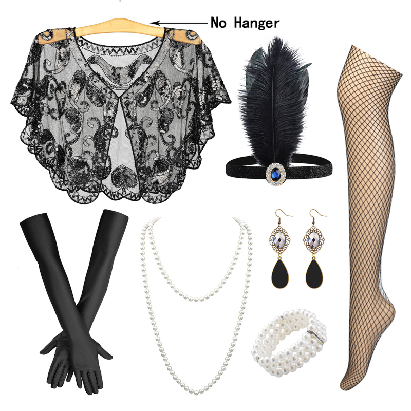 Costum retro clasic din anii 1920, cu pene de diamant, pentru bal, festival, petrecere, nuntă, șal, șapte piese, set de rochie