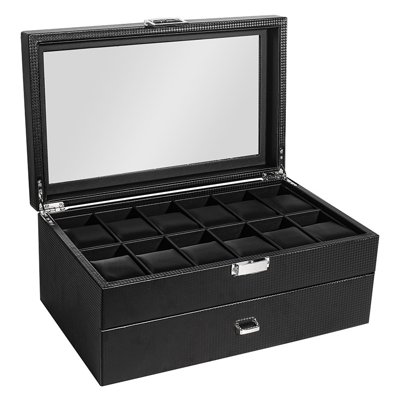 Süsinikkiust PU-kellakarp kahekihiline 24 kella kuvamiskarp hoiukarbi käevõru käevõru hoiukarbi kellakarp