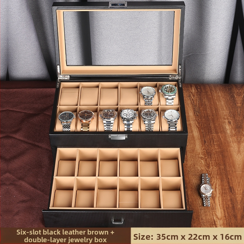 Süsinikkiust PU-kellakarp kahekihiline 24 kella kuvamiskarp hoiukarbi käevõru käevõru hoiukarbi kellakarp