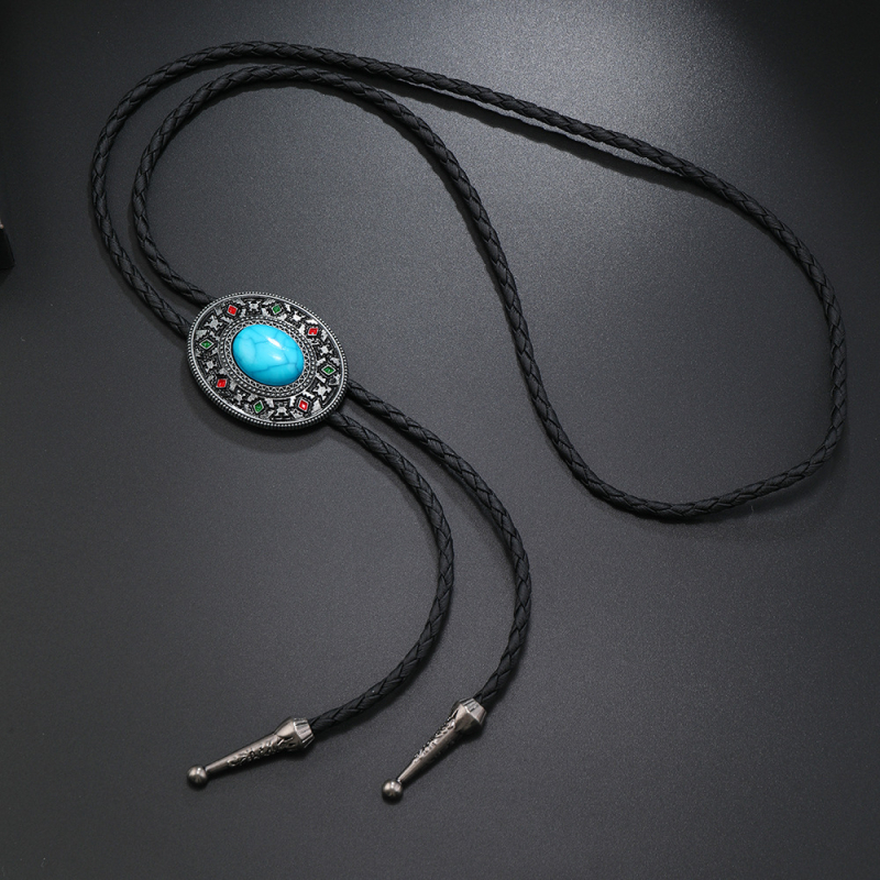 Meeste lihtne türkiissinine kaelakee, pitsikujuline sulamist õlitilkudega PU polo-kraega, lihtne nahast pikk kaelakee