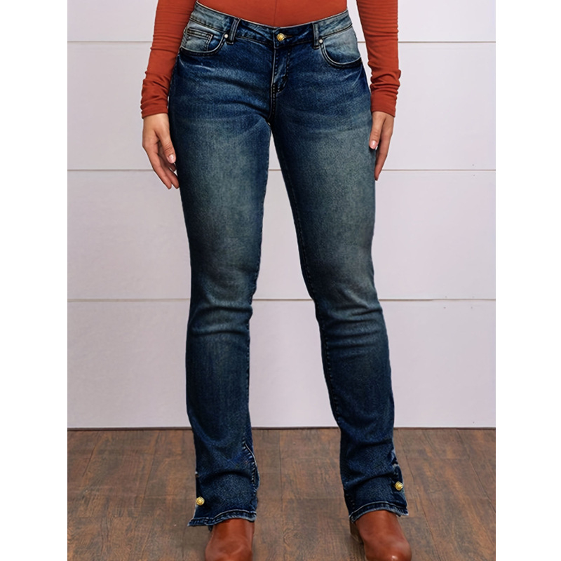 Kevad- ja sügise Euroopa ja Ameerika lihtsad vabaaja teksad, venivad õhukesed sirged teksapüksid, naiste tikitud teksapüksid