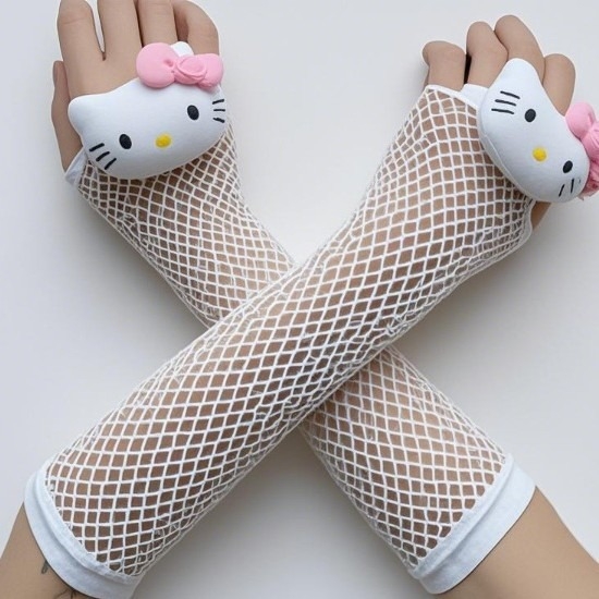Kt Cat Mesh Sun Protection Sleeve Kulomi Sanrio Series Fishing Net Gloves JK Girl with Mesh Gloves