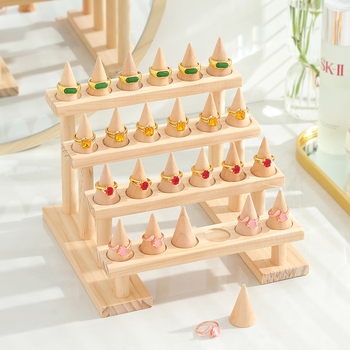 Βάση επίδειξης δαχτυλιδιών από μασίφ ξύλο, πολυστρωματική σκάλα, μεγάλη χωρητικότητα, δημιουργική βάση δαχτυλιδιών με κώνο, ράφι αποθήκευσης κοσμημάτων