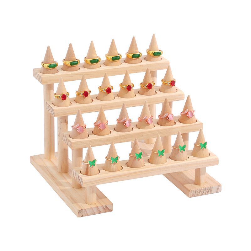 Täispuidust rõngastega vitriin mitmekihiline redel suure mahutavusega ehteriiul loominguline koonusekujuline rõngasklamber ehete hoiustamisriiul