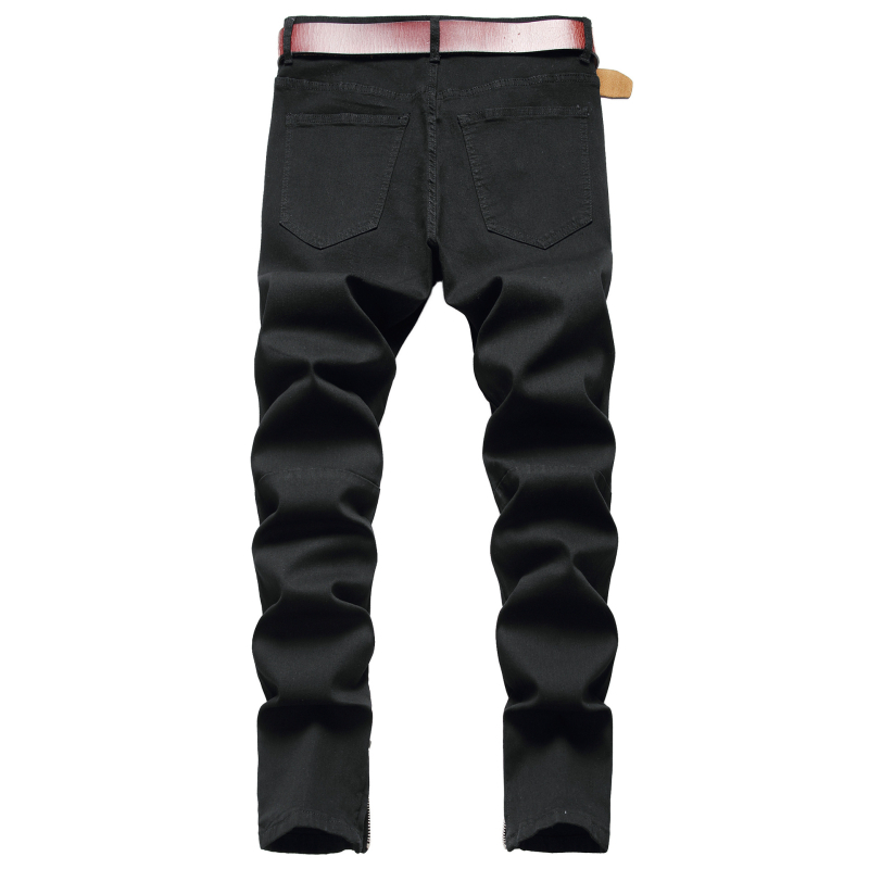 Meeste tõmblukuga rebitud teksad, jala tõmblukuga meeste venivad teksapüksid