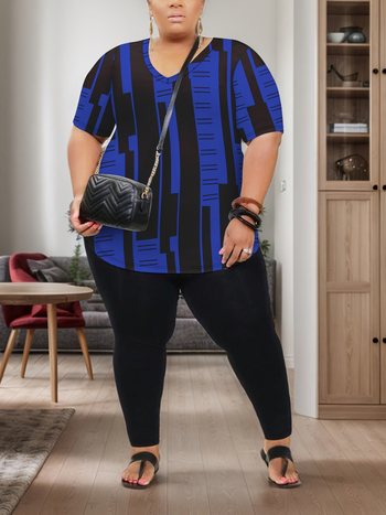 Пролетен и летен дамски костюм с големи размери, моден топ с V-образно деколте и едноцветни панталони с прилепнала кройка, комплект от две части