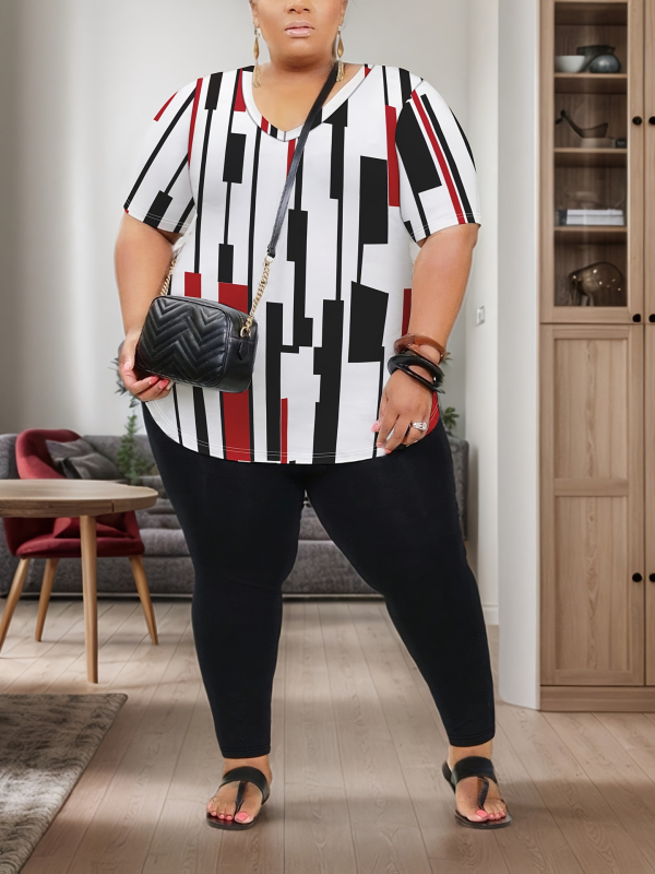 Пролетен и летен дамски костюм с големи размери, моден топ с V-образно деколте и едноцветни панталони с прилепнала кройка, комплект от две части