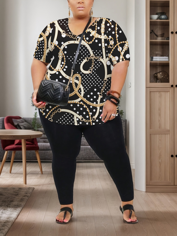 Пролетен и летен дамски костюм с големи размери, моден топ с V-образно деколте и едноцветни панталони с прилепнала кройка, комплект от две части