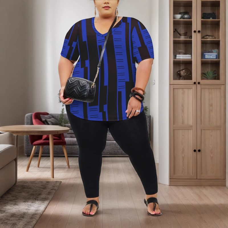 Пролетен и летен дамски костюм с големи размери, моден топ с V-образно деколте и едноцветни панталони с прилепнала кройка, комплект от две части