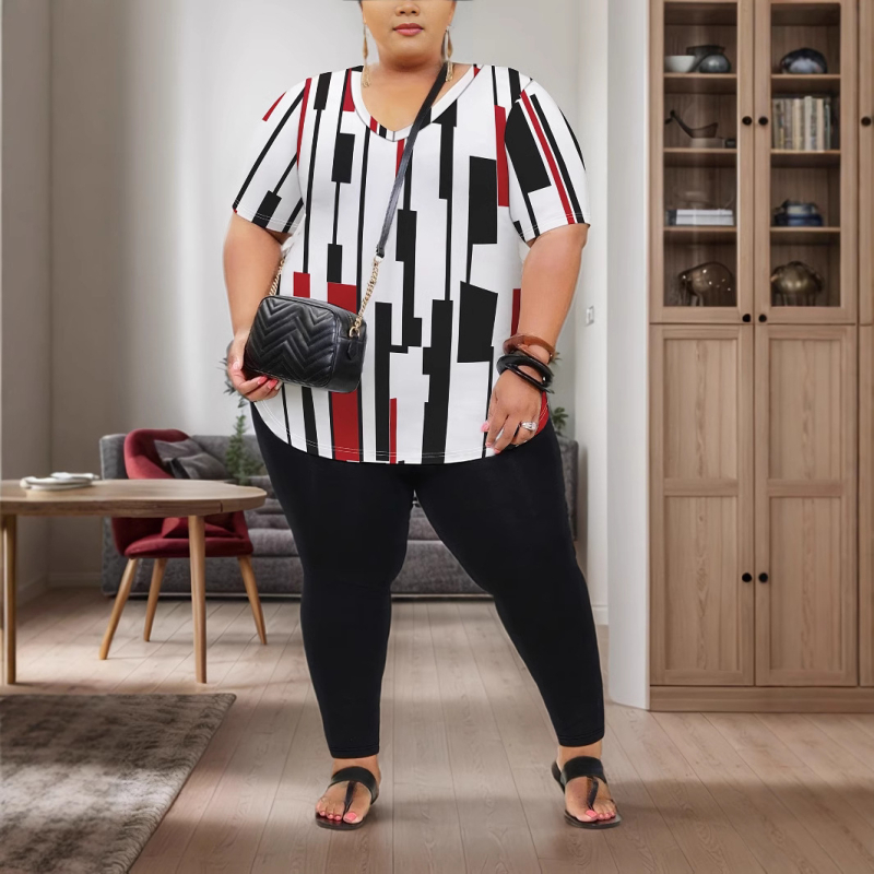 Пролетен и летен дамски костюм с големи размери, моден топ с V-образно деколте и едноцветни панталони с прилепнала кройка, комплект от две части