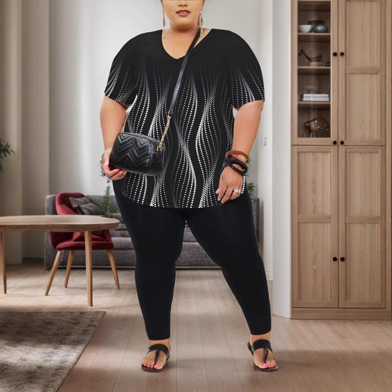 Пролетен и летен дамски костюм с големи размери, моден топ с V-образно деколте и едноцветни панталони с прилепнала кройка, комплект от две части