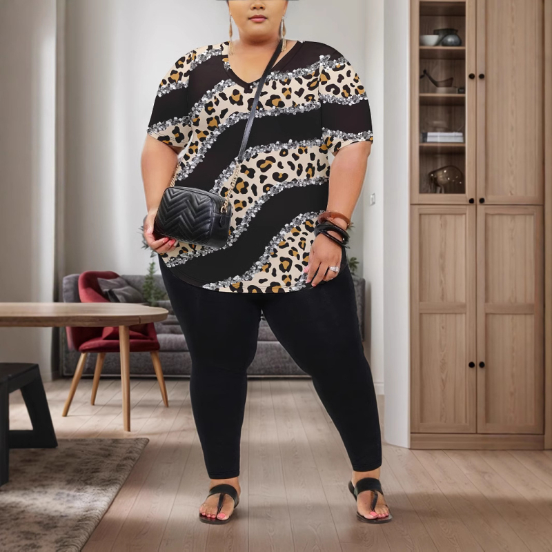 Пролетен и летен дамски костюм с големи размери, моден топ с V-образно деколте и едноцветни панталони с прилепнала кройка, комплект от две части