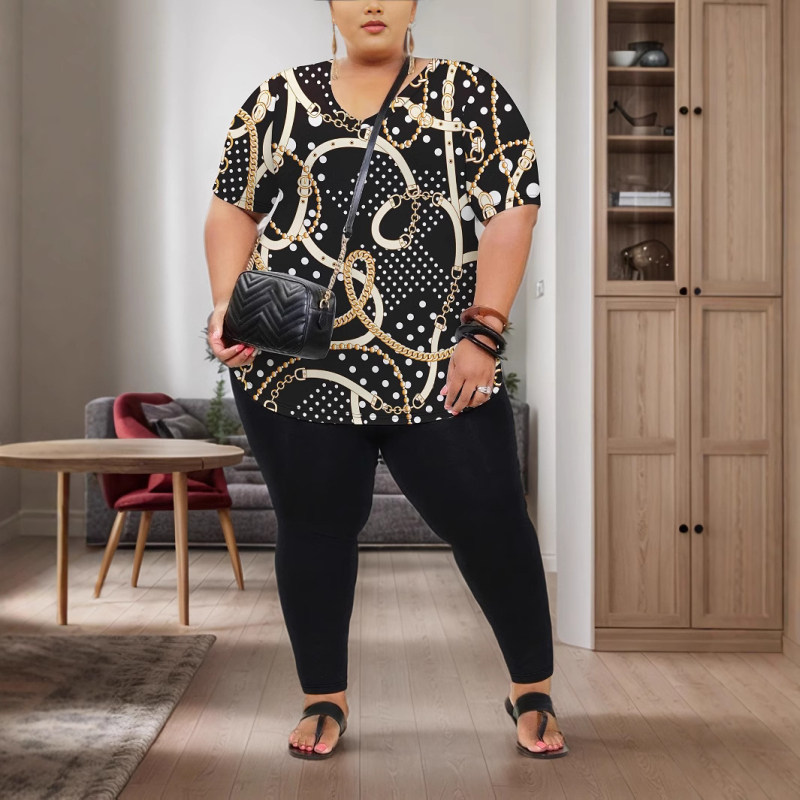 Пролетен и летен дамски костюм с големи размери, моден топ с V-образно деколте и едноцветни панталони с прилепнала кройка, комплект от две части