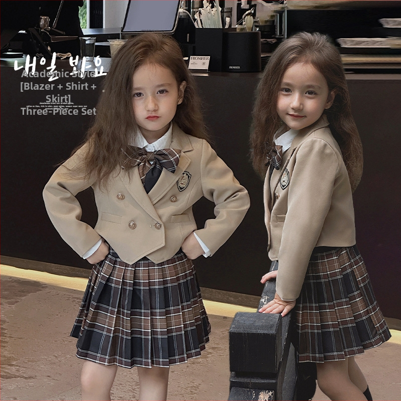 Tüdrukute sügisriided Ameerika preppy stiilis JK seelik-ülikond ülerõivaste poolseelik 2025 kevadine uus laste vabaajaülikondade trend