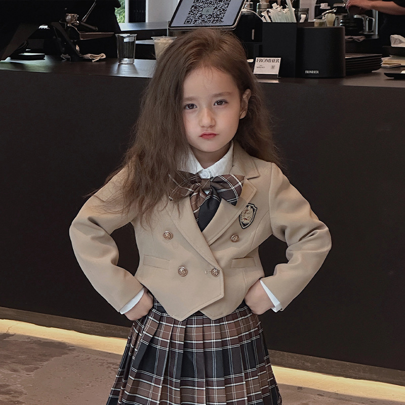 Tüdrukute sügisriided Ameerika preppy stiilis JK seelik-ülikond ülerõivaste poolseelik 2025 kevadine uus laste vabaajaülikondade trend