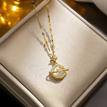 Κολιέ από τιτάνιο σε κορεατικό στιλ, απλό, γυναικείο κολιέ από τιτάνιο σε χρυσό 18 καρατίων με μικροένθετη διακόσμηση, μενταγιόν \