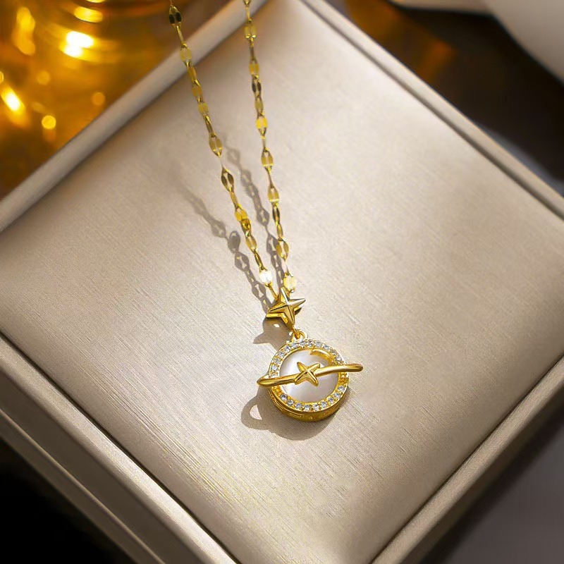 Korea stiilis lihtne titaanterasest kaelakee naistele 18K mikroinkrusteeritud kullast kassisilma planeedi ripats trendikas internetikuulsus populaarne rangluukett