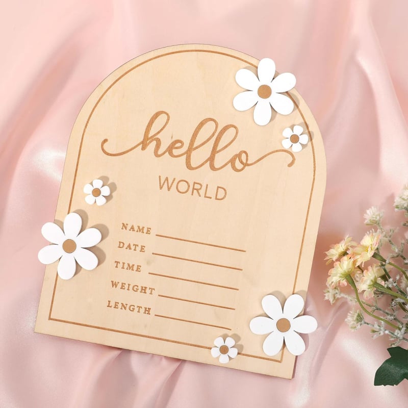 Card de anunț pentru nou-născut din lemn, în stoc, cu tematică de recuzită scrisă de mână, pentru bebeluși, cu tematică de moment important, din lemn, Hello World