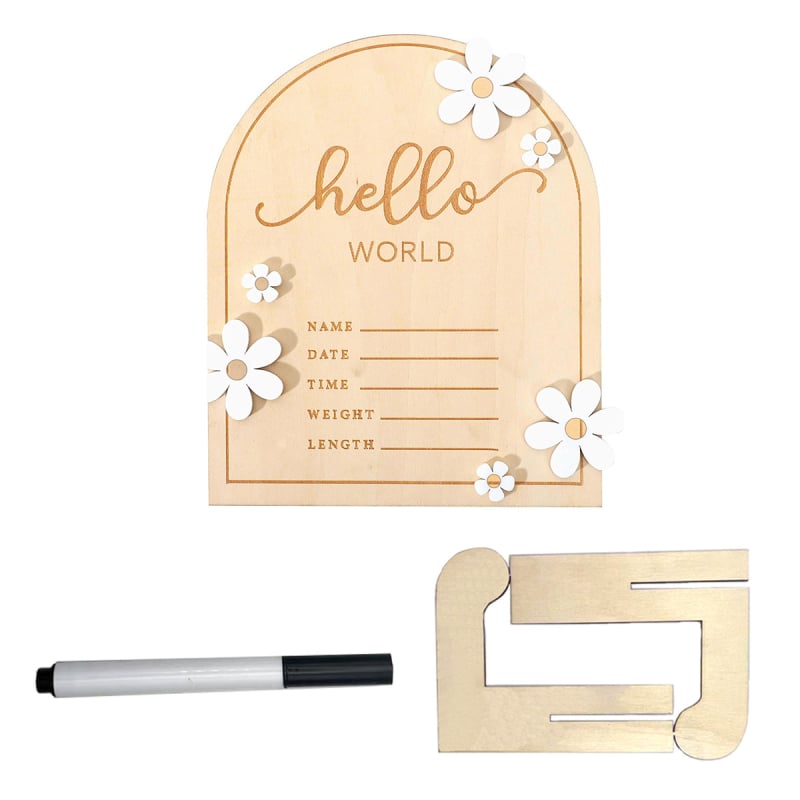 Card de anunț pentru nou-născut din lemn, în stoc, cu tematică de recuzită scrisă de mână, pentru bebeluși, cu tematică de moment important, din lemn, Hello World