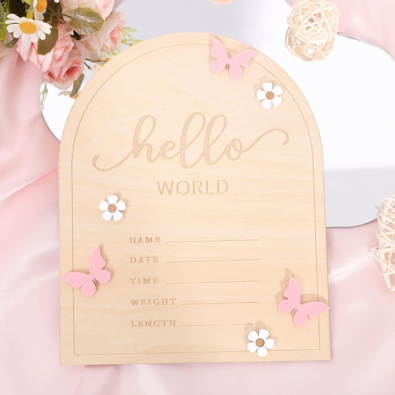 Card de anunț pentru nou-născut din lemn, în stoc, cu tematică de recuzită scrisă de mână, pentru bebeluși, cu tematică de moment important, din lemn, Hello World