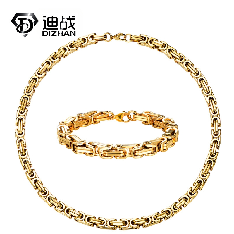 Set de bijuterii dominante pentru bărbați europeni și americani, brățară din oțel titan de aur de 18K, colier, set din două piese din oțel inoxidabil