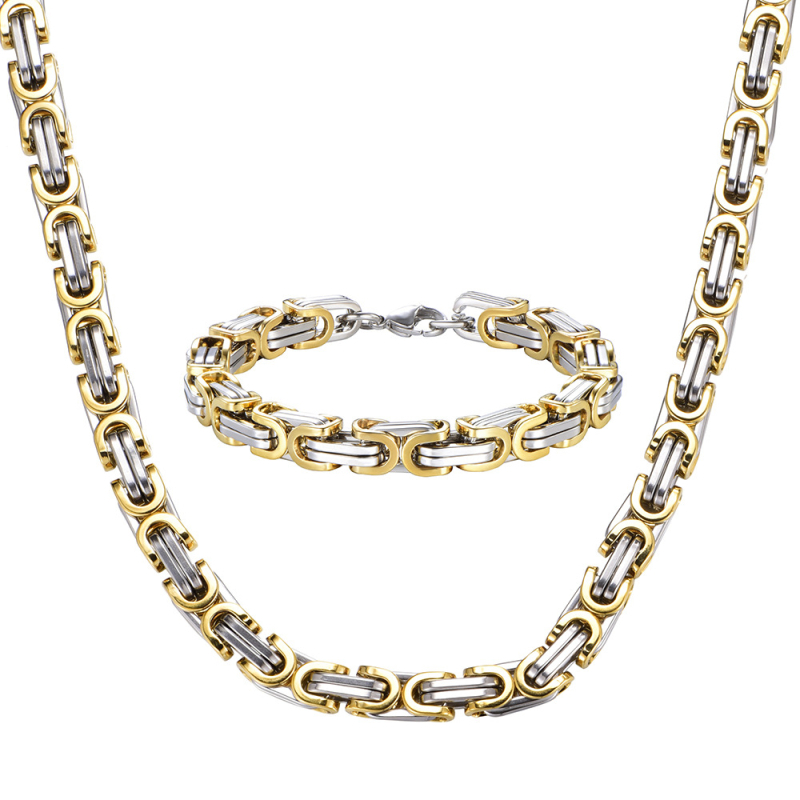 Set de bijuterii dominante pentru bărbați europeni și americani, brățară din oțel titan de aur de 18K, colier, set din două piese din oțel inoxidabil