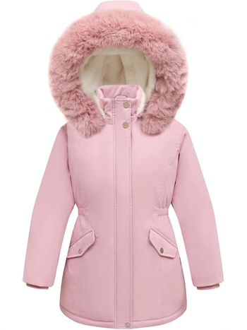 2025 Χειμερινό ζεστό παρκά για κορίτσια με κουκούλα, χοντρό μάλλινο μπουφάν αρνιού και γούνινο γιακά, μακρύ μπουφάν σε καθαρό χρώμα