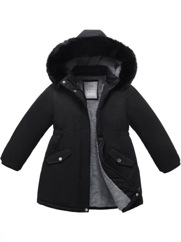 2025 Χειμερινό ζεστό παρκά για κορίτσια με κουκούλα, χοντρό μάλλινο μπουφάν αρνιού και γούνινο γιακά, μακρύ μπουφάν σε καθαρό χρώμα