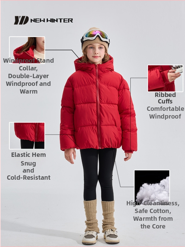 Детско пухено яке с памучна подплата за момчета, удебелено яке за момичета, средно дълго памучно подплатено яке за бебета, зимни дрехи с качулка, дрехи за хляб за външна търговия