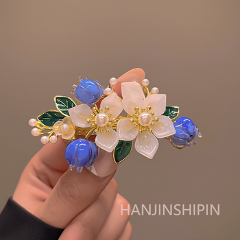 Νέα φουρκέτα κινέζικου στιλ με μαργαριτάρι Ruyi, γυναικεία φουρκέτα με λουλούδι και κλιπ άνοιξης, αντίκα κεφάλι, φουρκέτα με μισή αλογοουρά, αξεσουάρ μαλλιών