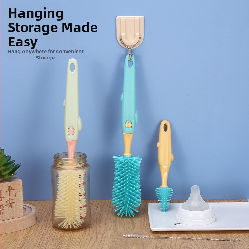 Четка за шишета, трикомпонентна силиконова четка за почистване на бебешки продукти, въртяща се всмукателна четка, подходяща за четка за зърна, четка за чашки