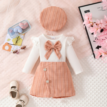 Amazon Ευρωπαϊκή και Αμερικανική Άνοιξη και Φθινόπωρο Pit Strip Flying Sleeve Top Bow Tie Button Pantallon Skirt Beret Three-Piece Set