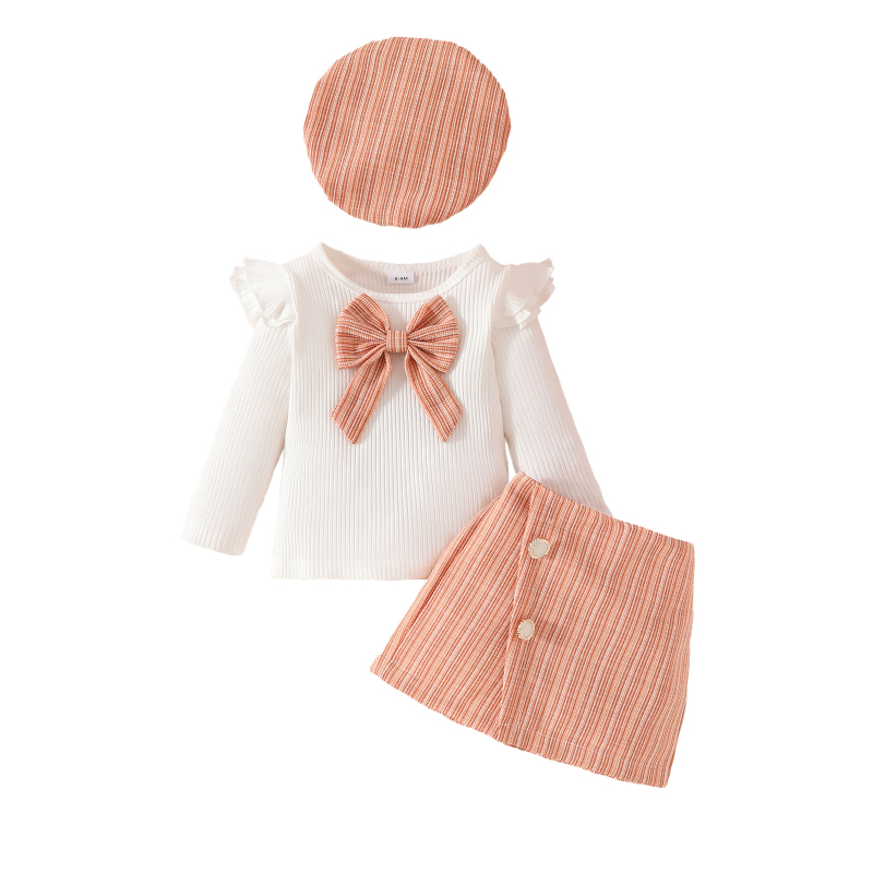 Set de trei piese Amazon, europene și americane, pentru primăvară și toamnă, cu mânecă lungă, cu papion și nasturi, fustă și beretă