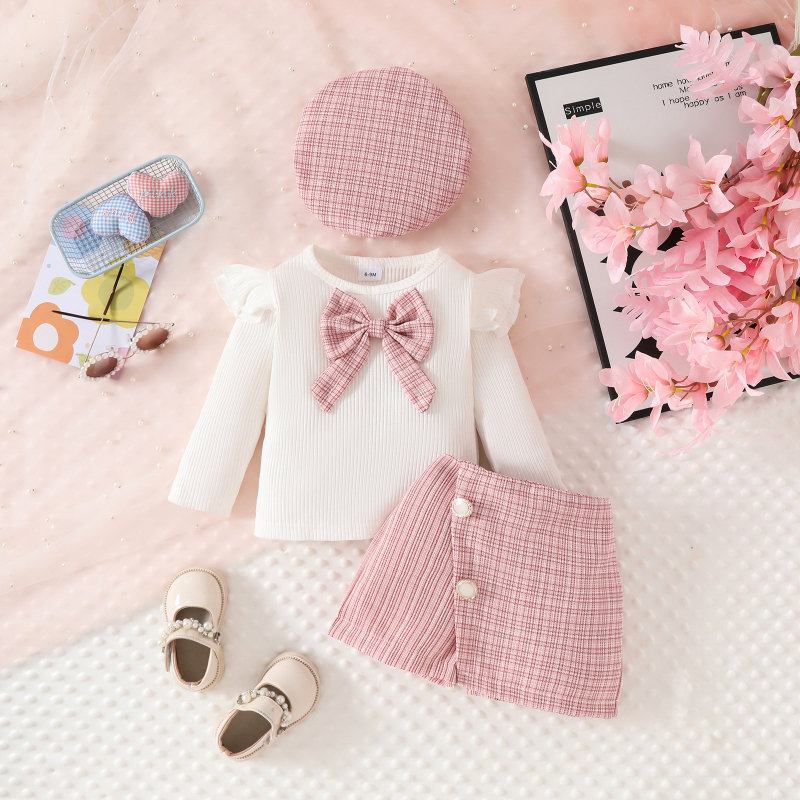 Set de trei piese Amazon, europene și americane, pentru primăvară și toamnă, cu mânecă lungă, cu papion și nasturi, fustă și beretă